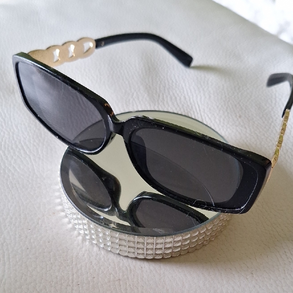 Black Rectangular Women's Sunglasses with Gold Ac… - image 1